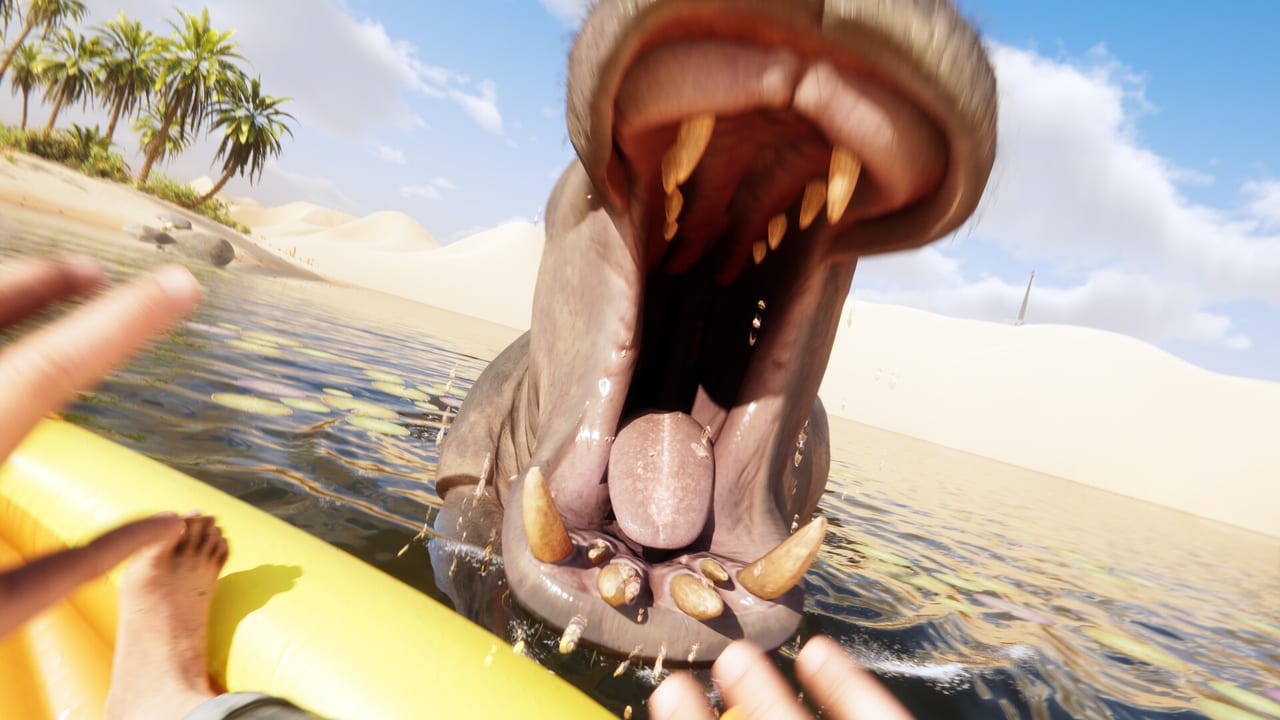 First-person Stranded Deep 2 screenshot of a hippo attacking the yellow kayak in a desert river