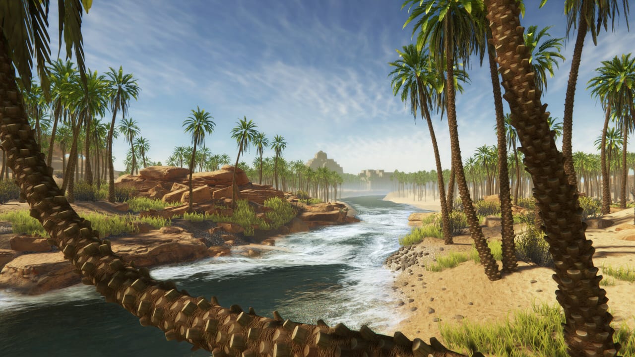 Stranded Deep 2 landscape of a palm-lined desert river winding toward distant canyon ruins